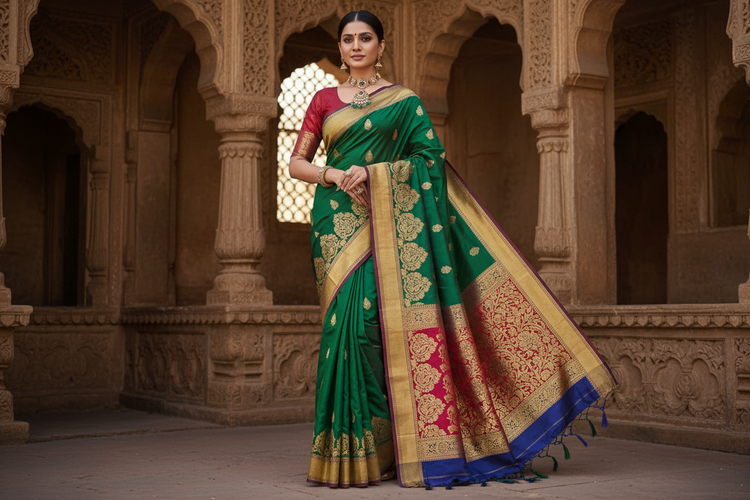 Premium Benarasi silk with intricate Kadhua weaving and gold zari work