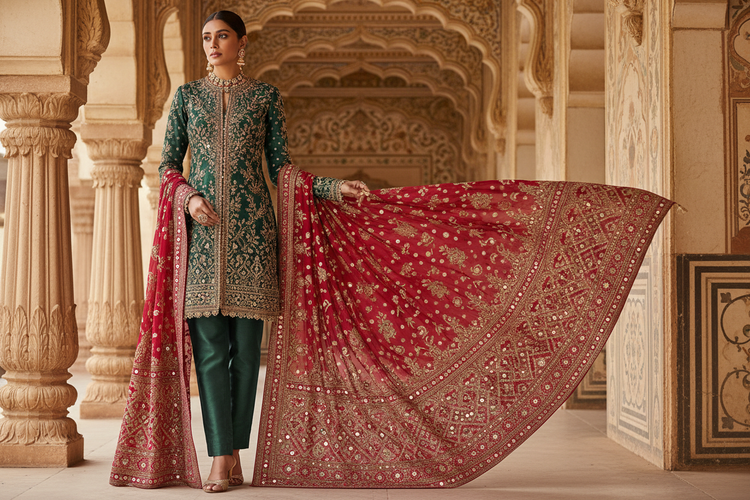 Premium handwoven raw silk with exquisite embroidered dupatta