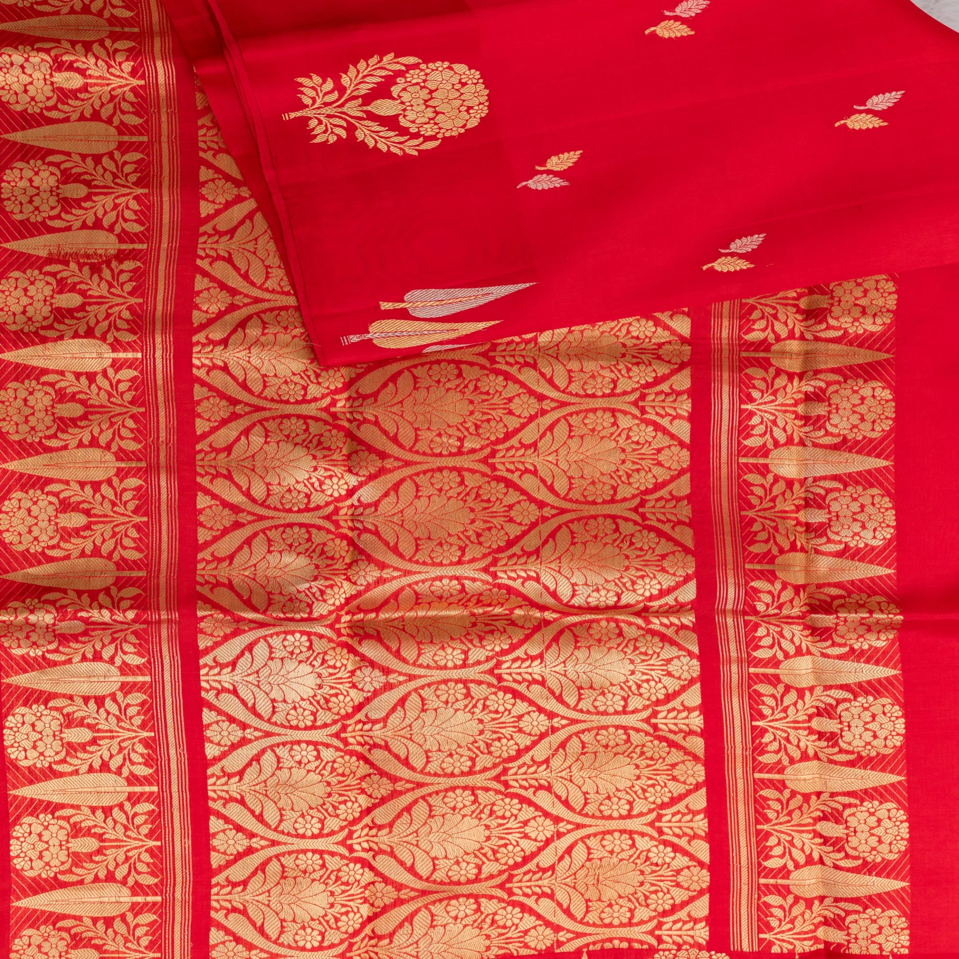 Red saree with gold patterns on a plain background