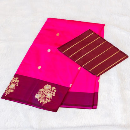 Pink saree with gold embroidery on a white background