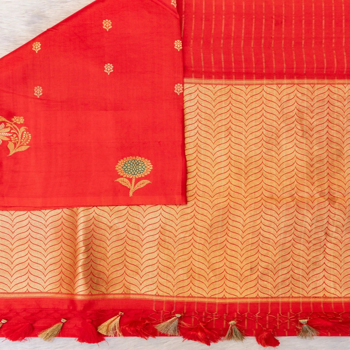 Benarasi Mango Silk Saree with Meena Work in Red | Rumani Dhaage