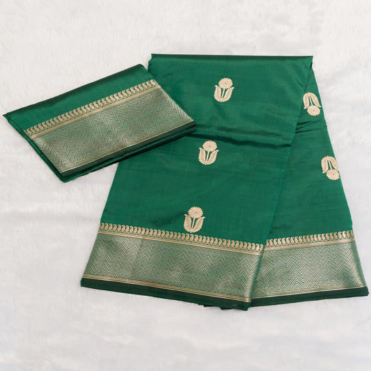Green saree with gold patterns on a white background