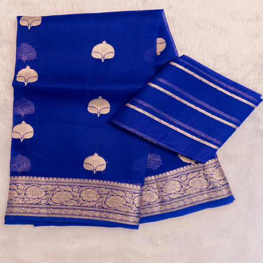 Blue saree with gold patterns on a white background