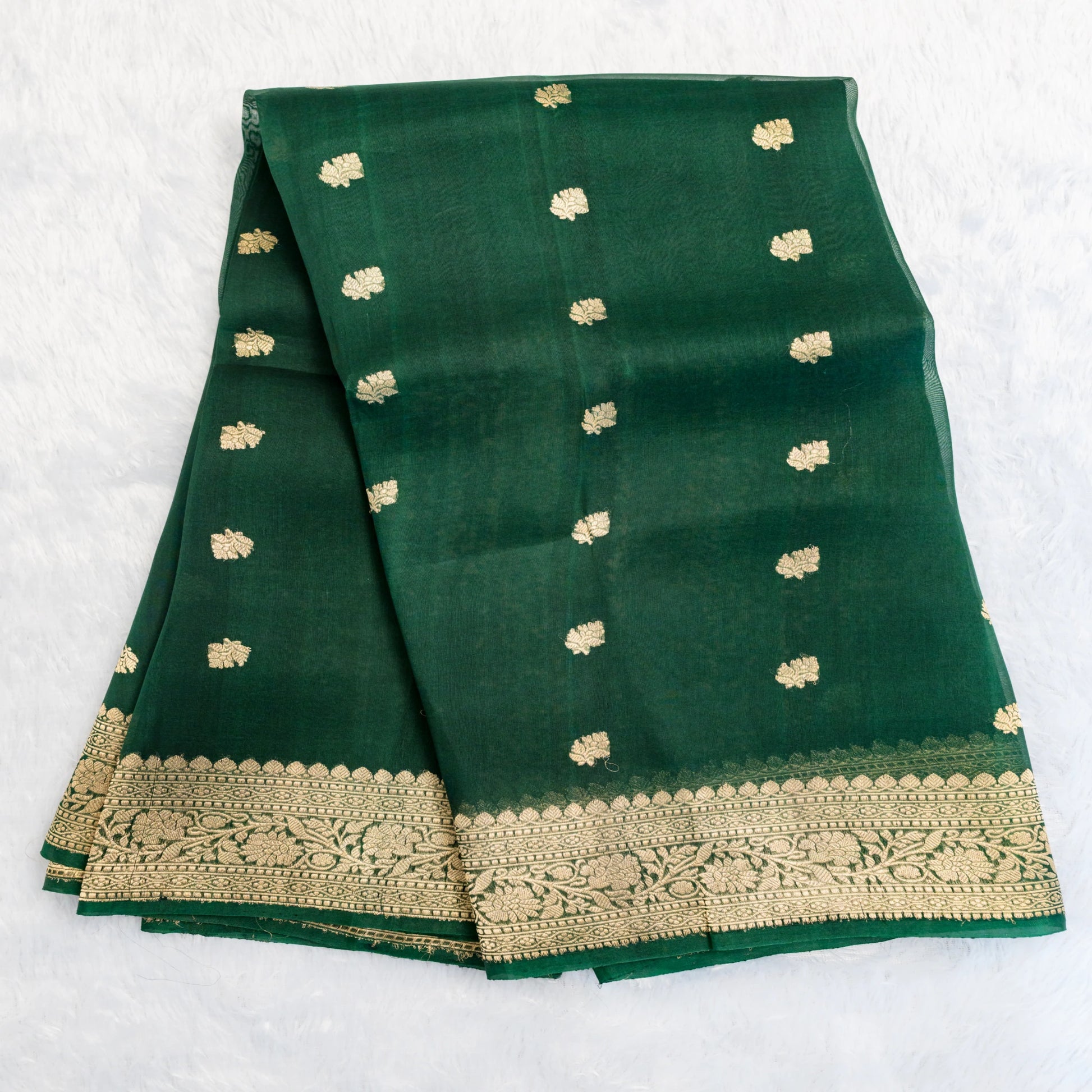 Green saree with gold patterns on a white background