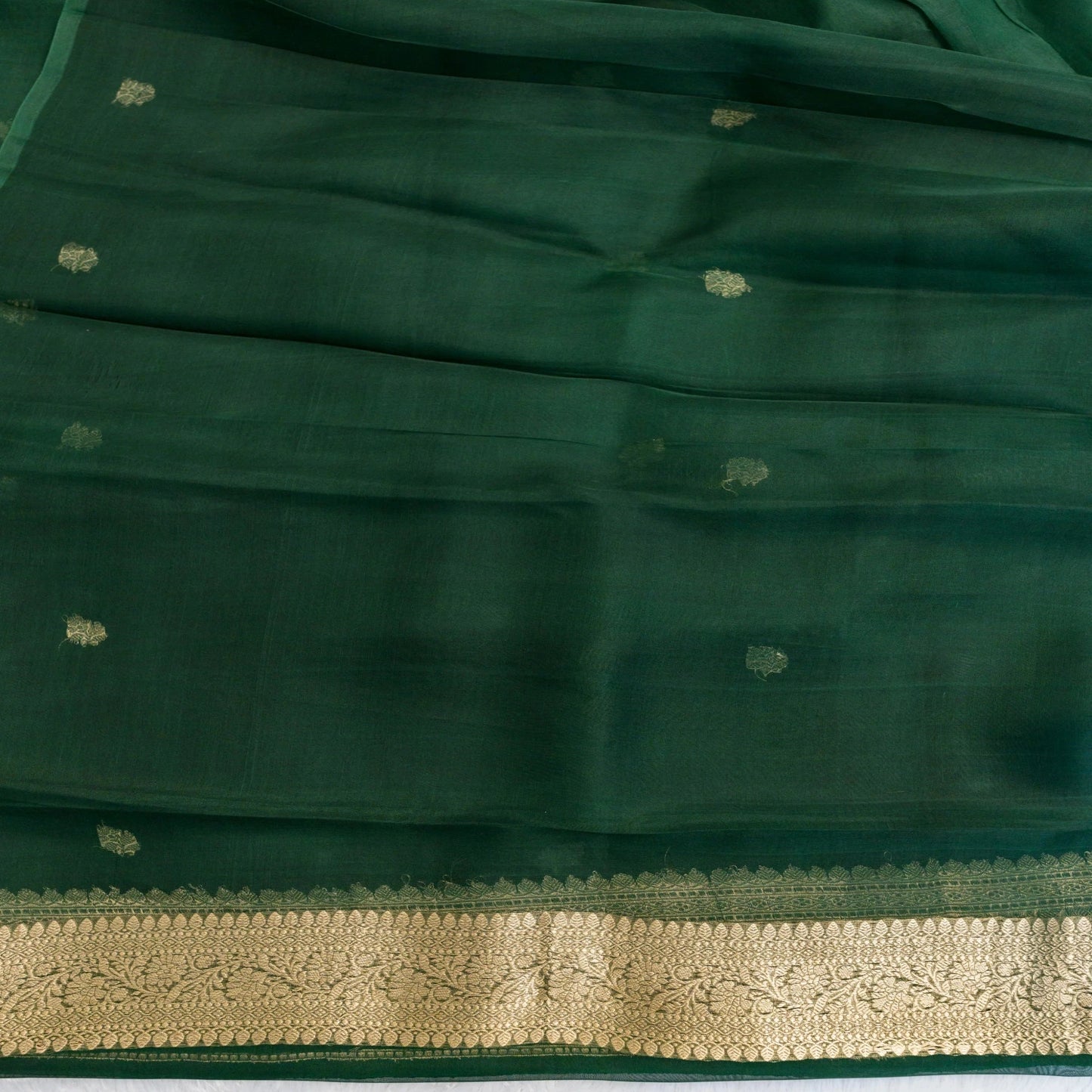 Green fabric with gold border and patterns