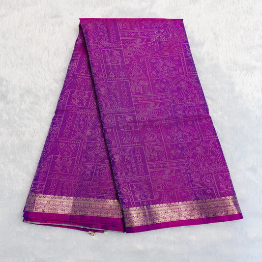 Purple saree with gold border on a white background