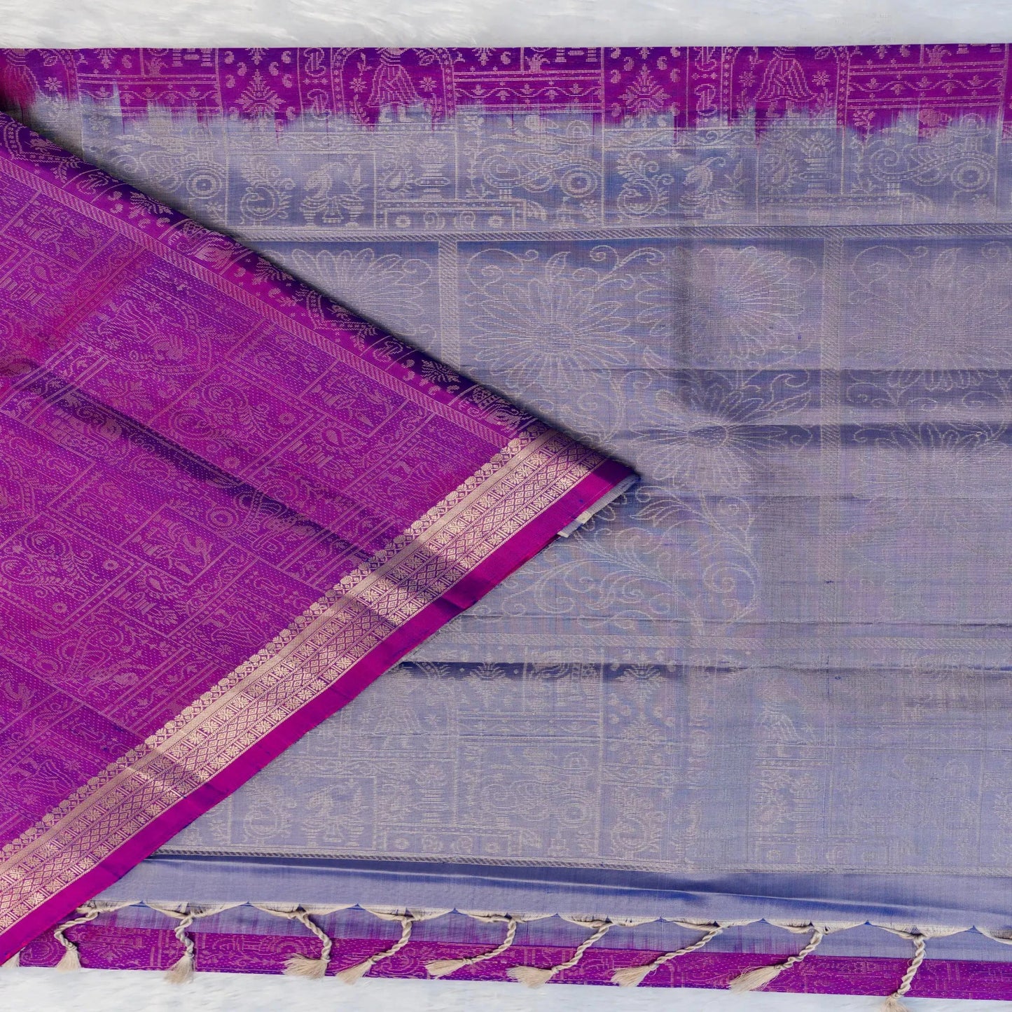 Purple and gray fabric with intricate patterns
