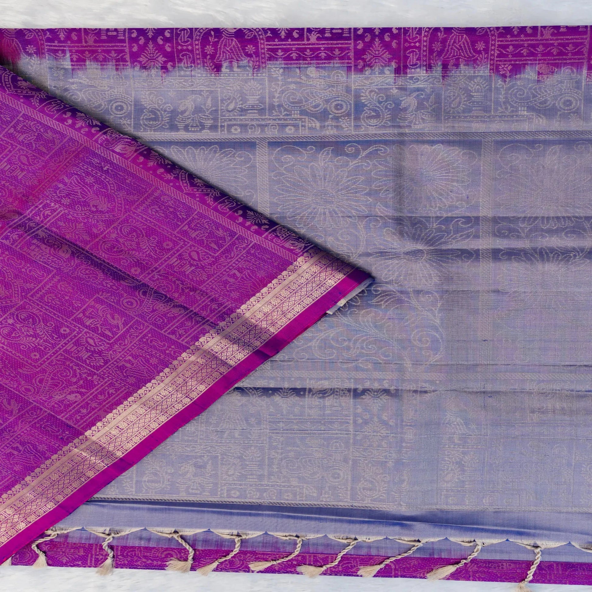 Purple and gray fabric with intricate patterns