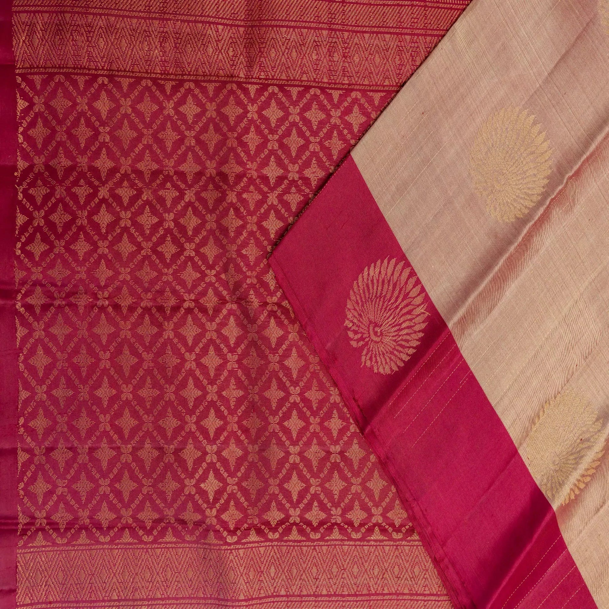 Red and beige saree with intricate patterns