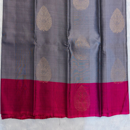 South Soft Silk Saree in Grey & Maroon | Rumani Dhaage