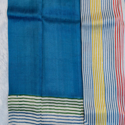 Murshidabad Silk Saree in Blue Stripes | Rumani Dhaage