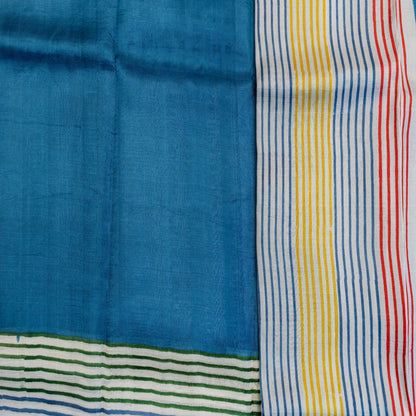 Murshidabad Silk Saree in Blue Stripes | Rumani Dhaage