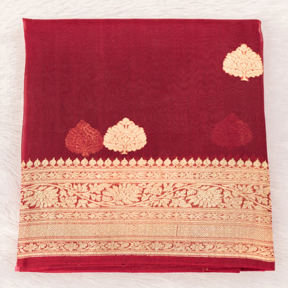 Benarasi Kora Organza Ombre Saree in Peach & Maroon | Rumani Dhaage