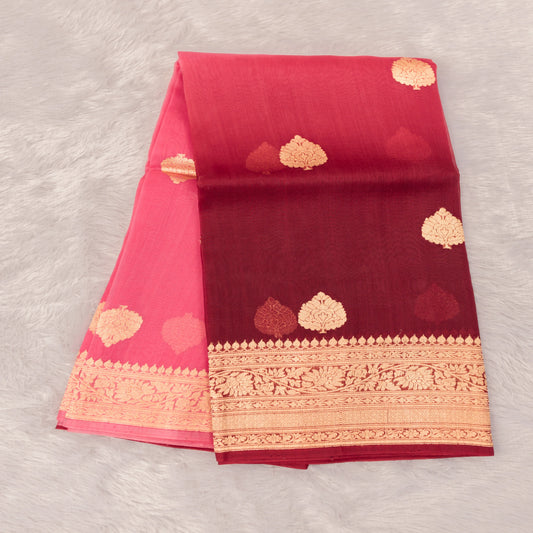 Benarasi Kora Organza Ombre Saree in Peach & Maroon | Rumani Dhaage