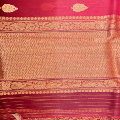 Benarasi Kora Organza Ombre Saree in Peach & Maroon | Rumani Dhaage