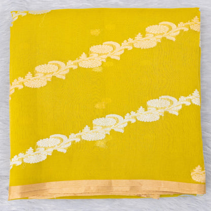 Benarasi Kora Organza Leheriya Saree in Lime Green | Rumani Dhaage