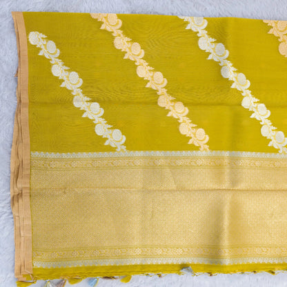 Benarasi Kora Organza Leheriya Saree in Lime Green | Rumani Dhaage