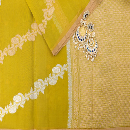 Benarasi Kora Organza Leheriya Saree in Lime Green | Rumani Dhaage