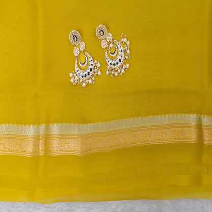 Benarasi Kora Organza Leheriya Saree in Lime Green | Rumani Dhaage