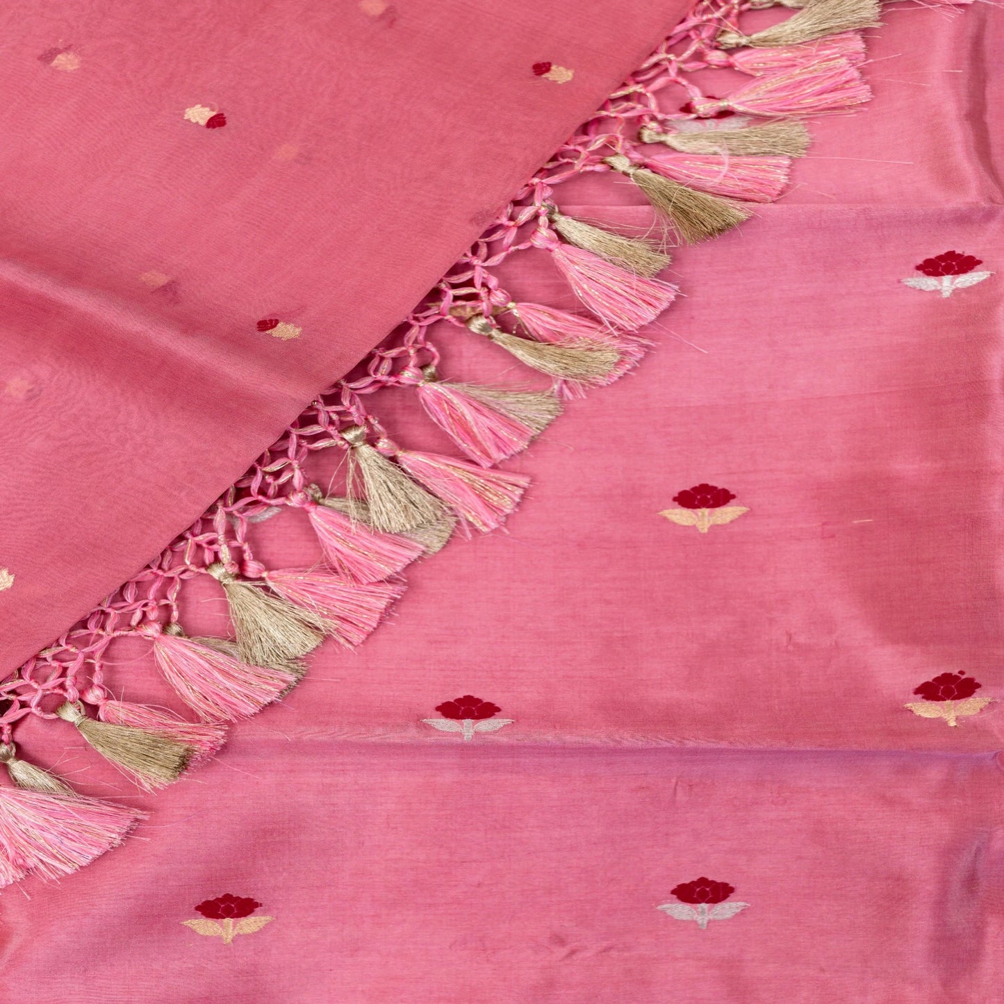 Benarasi Katan Silk Suit Set in Pink | Rumani Dhaage