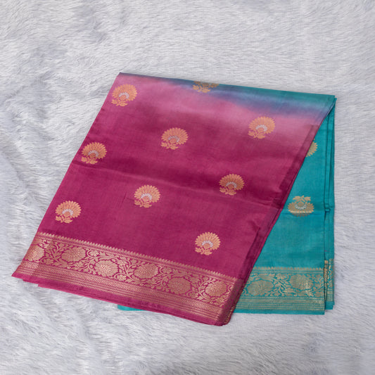 Benarasi Mango Silk Dual Shade Saree in Pink & Teal Blue | Rumani Dhaage