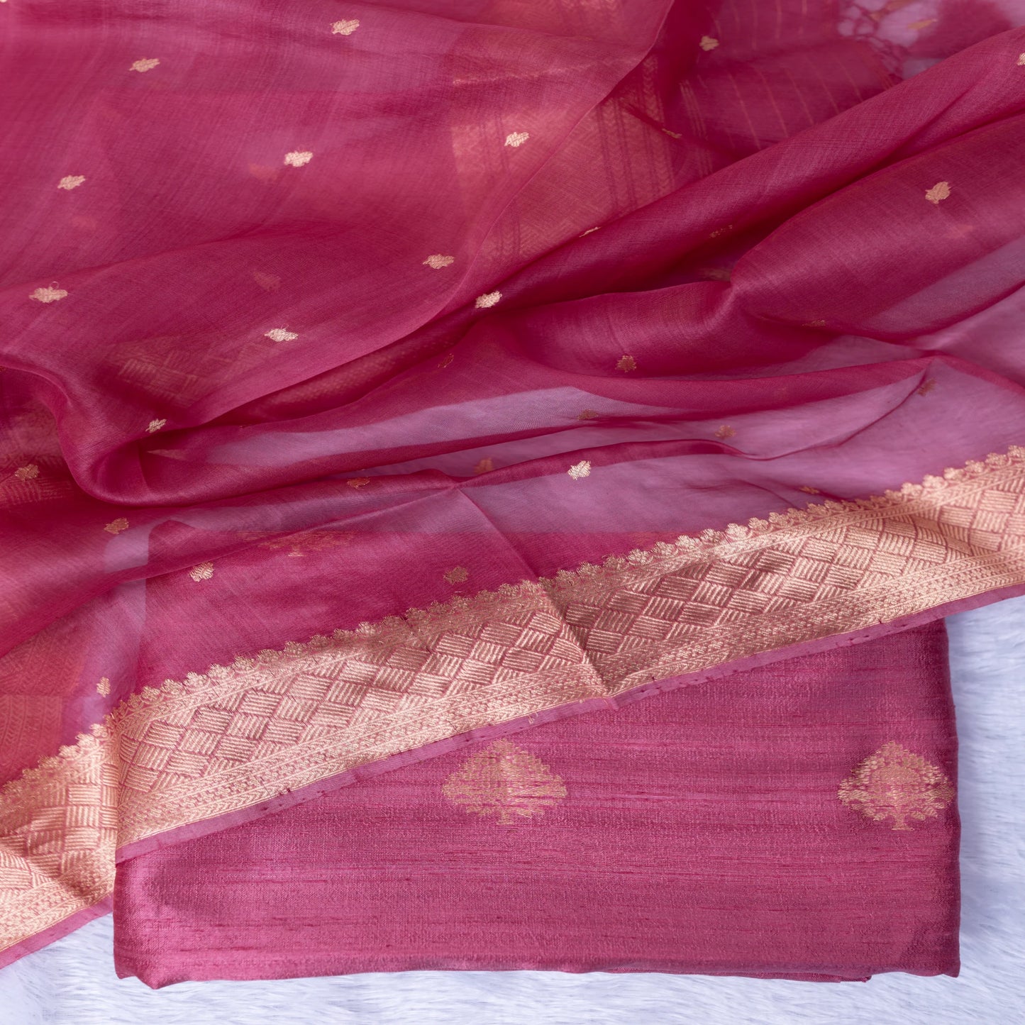 Raw Silk Organza Dupatta Suit Set in Purple & Onion Pink | Rumani Dhaage