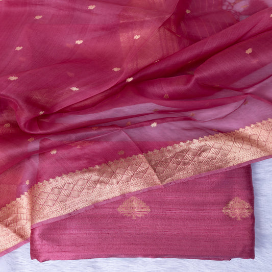 Raw Silk Organza Dupatta Suit Set in Purple & Onion Pink | Rumani Dhaage