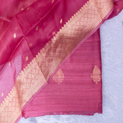 Raw Silk Organza Dupatta Suit Set in Purple & Onion Pink | Rumani Dhaage