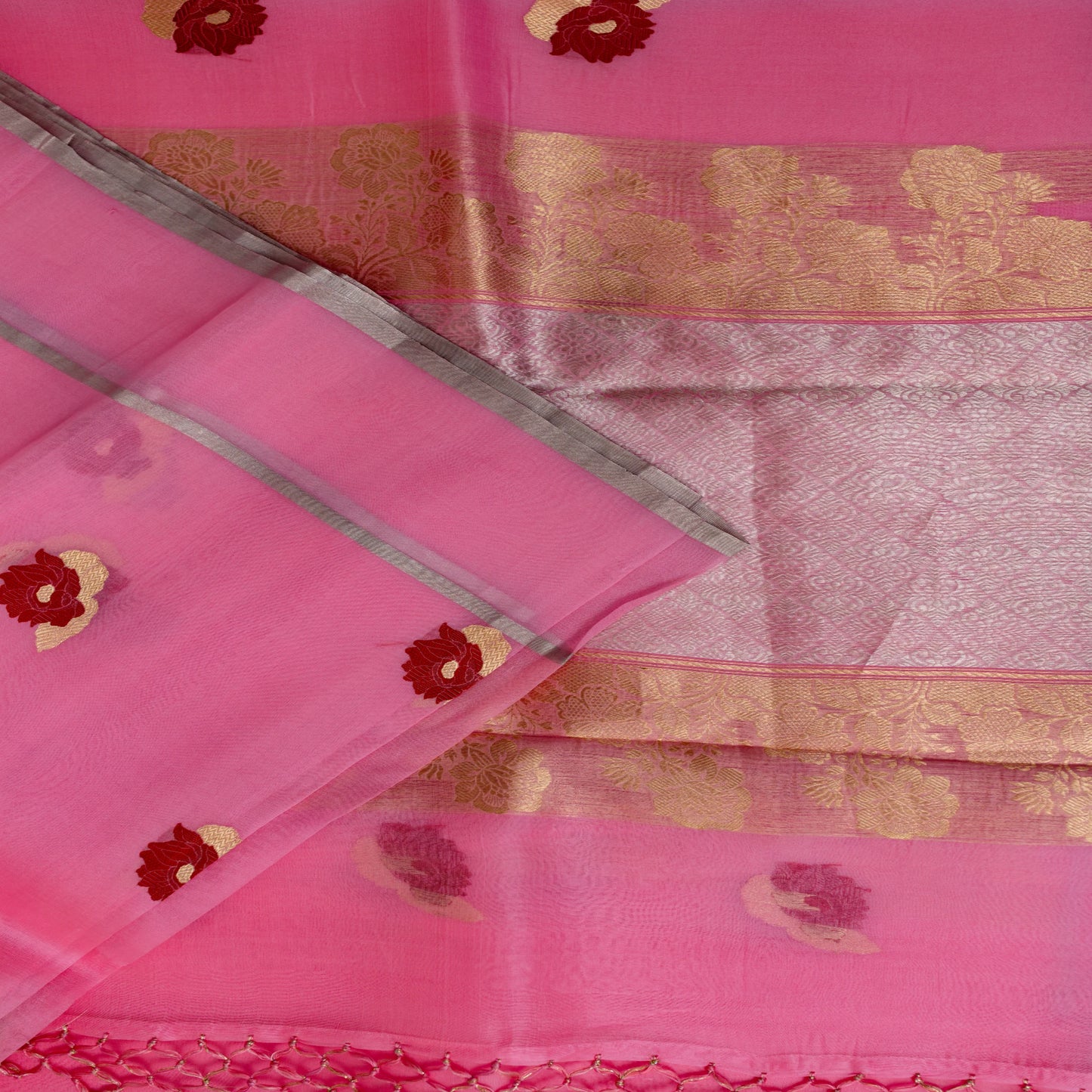 Benarasi Kora Organza Saree in Cotton Candy Pink | Rumani Dhaage