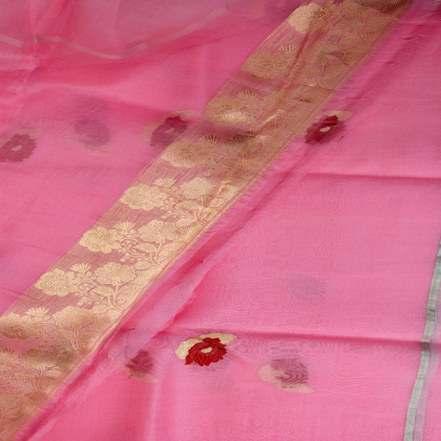 Benarasi Kora Organza Saree in Cotton Candy Pink | Rumani Dhaage