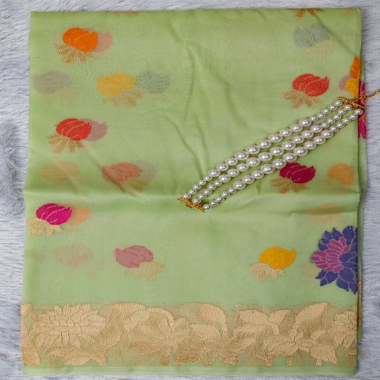 Organza Saree with Jamdani Weaving in Pista Green | Rumani Dhaage