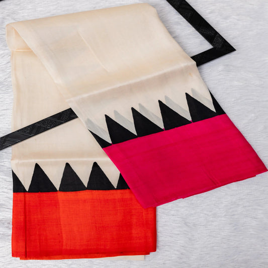 Two fabric swatches, one red and one beige with black triangular patterns, on a light gray background.