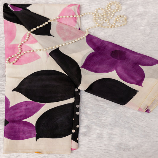 Bishnupuri Silk Hand Painted Saree in Cream & Purple | Rumani Dhaage